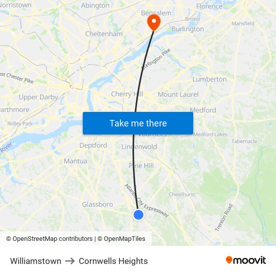 Williamstown to Cornwells Heights map