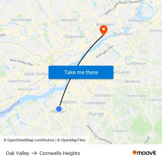 Oak Valley to Cornwells Heights map