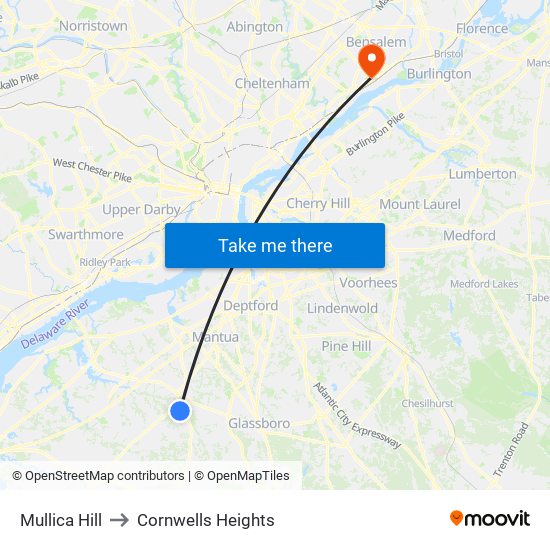 Mullica Hill to Cornwells Heights map