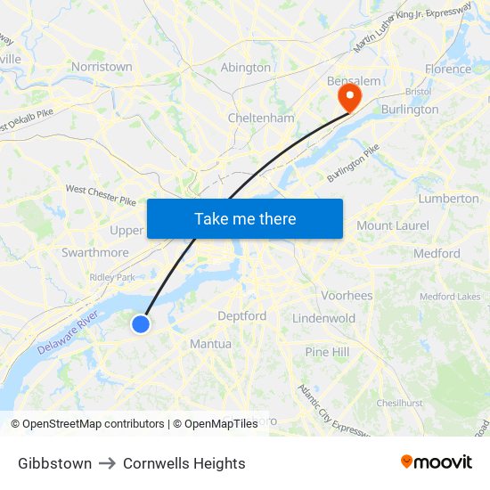 Gibbstown to Cornwells Heights map