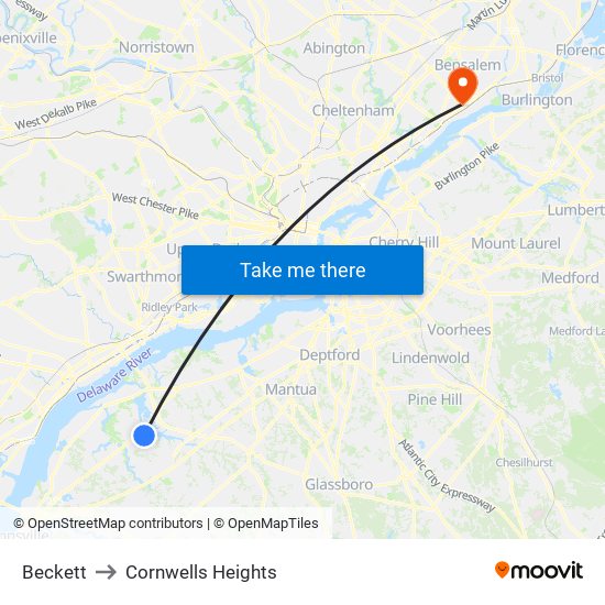 Beckett to Cornwells Heights map