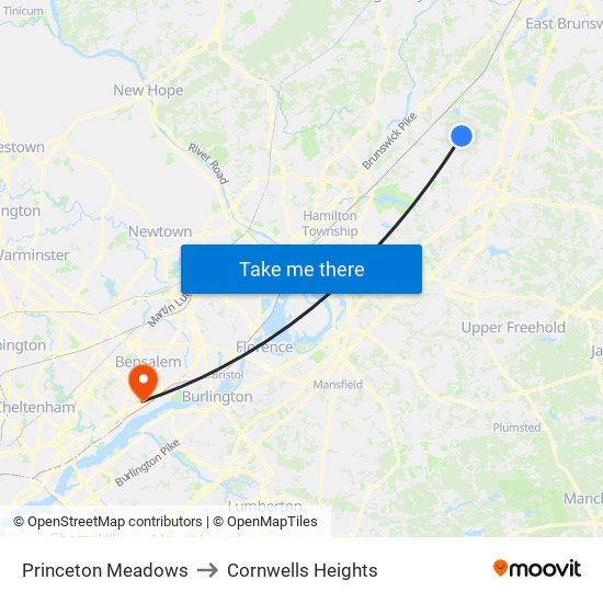 Princeton Meadows to Cornwells Heights map