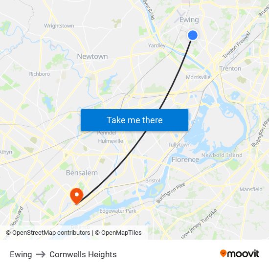 Ewing to Cornwells Heights map
