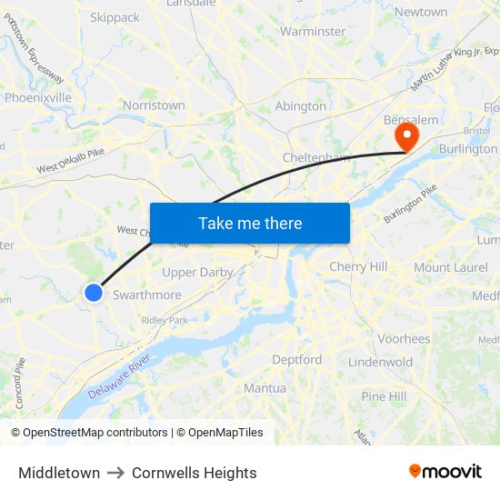 Middletown to Cornwells Heights map