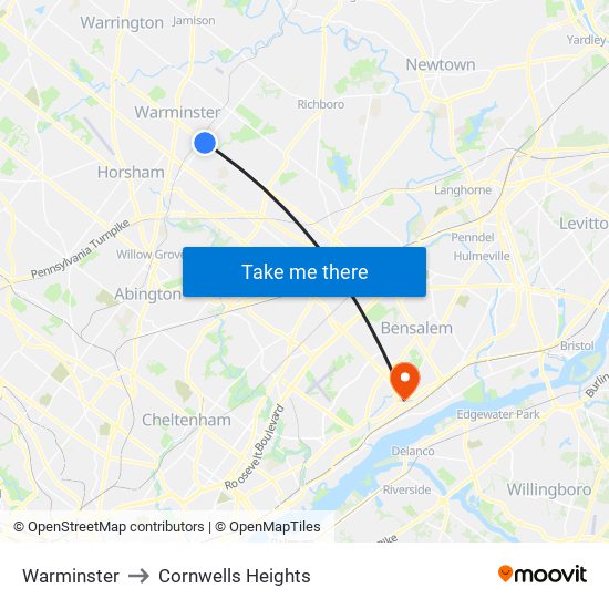 Warminster to Cornwells Heights map