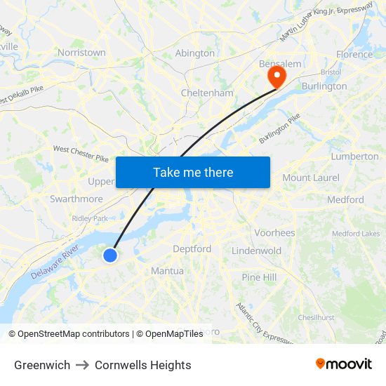 Greenwich to Cornwells Heights map