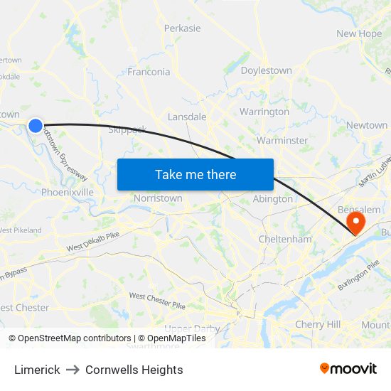 Limerick to Cornwells Heights map
