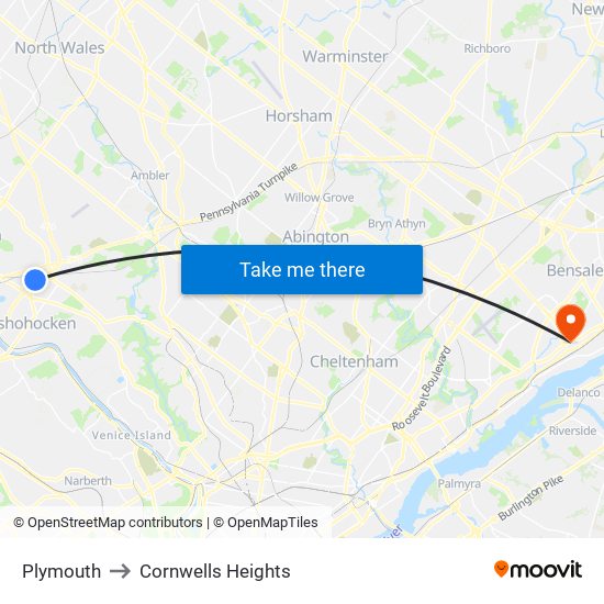 Plymouth to Cornwells Heights map