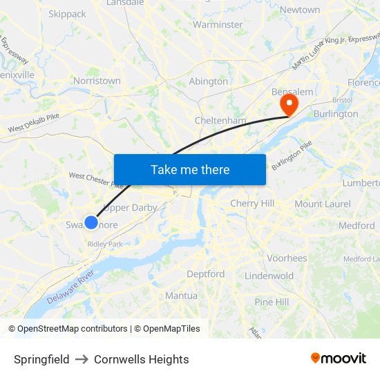 Springfield to Cornwells Heights map