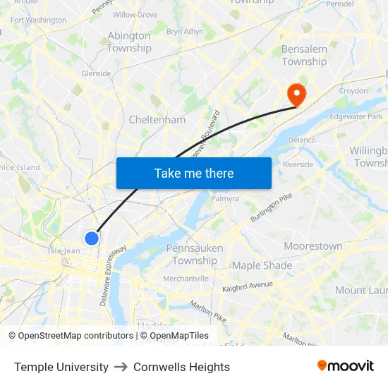 Temple University to Cornwells Heights map