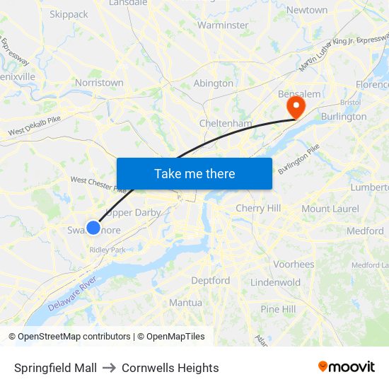 Springfield Mall to Cornwells Heights map