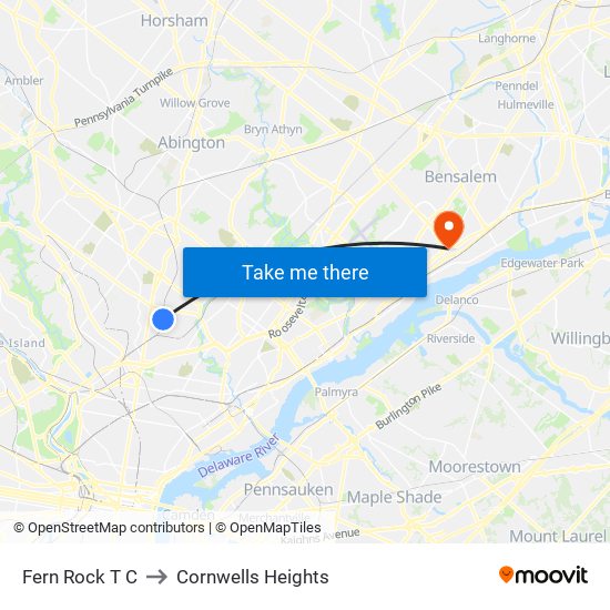 Fern Rock T C to Cornwells Heights map