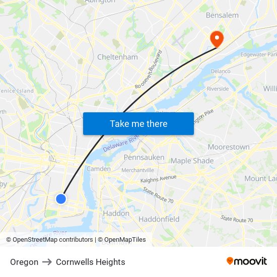 Oregon to Cornwells Heights map