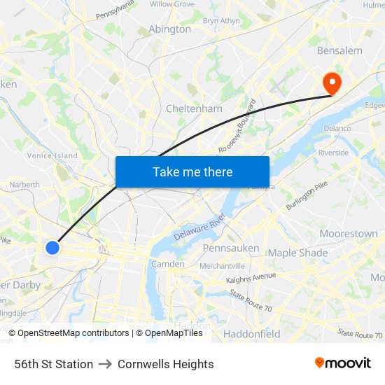 56th St Station to Cornwells Heights map