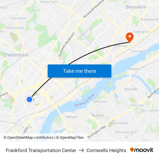 Frankford Transportation Center to Cornwells Heights map