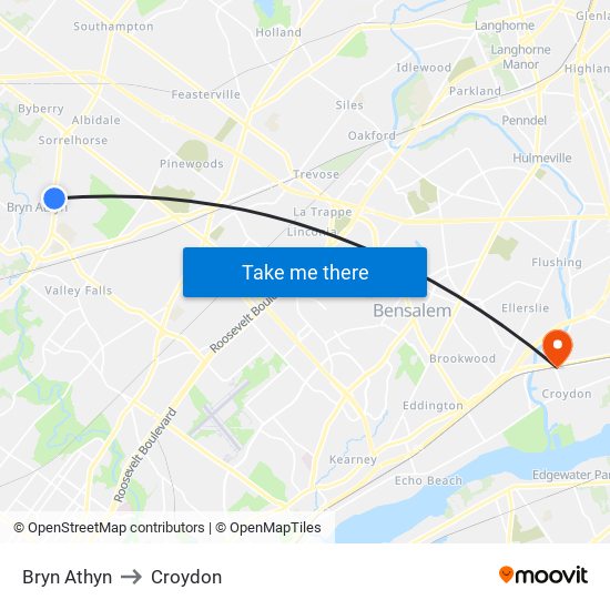 Bryn Athyn to Croydon map