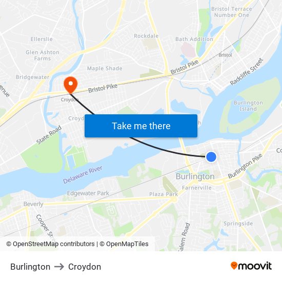 Burlington to Croydon map