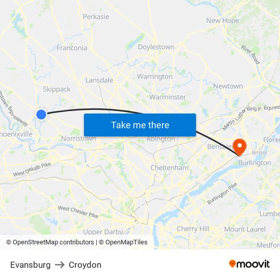 Evansburg to Croydon map