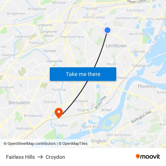 Fairless Hills to Croydon map