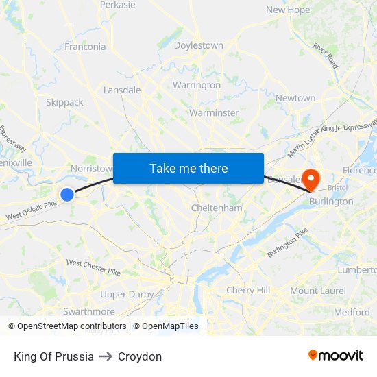 King Of Prussia to Croydon map