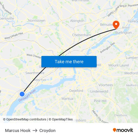 Marcus Hook to Croydon map