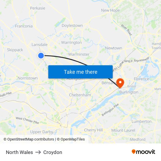 North Wales to Croydon map
