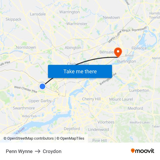 Penn Wynne to Croydon map