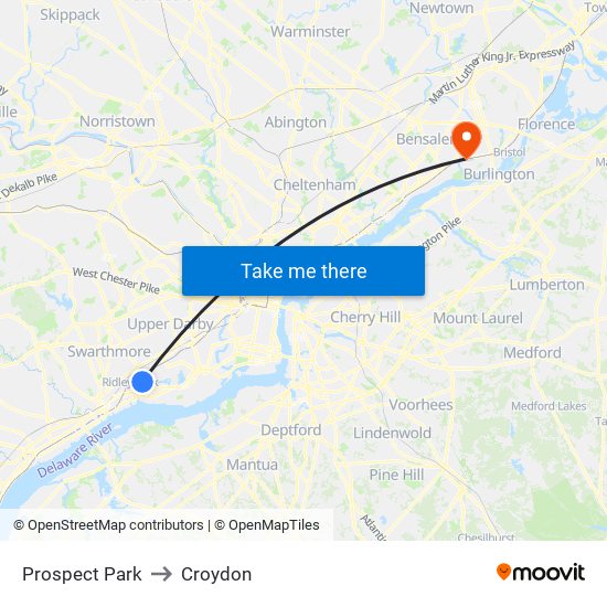 Prospect Park to Croydon map