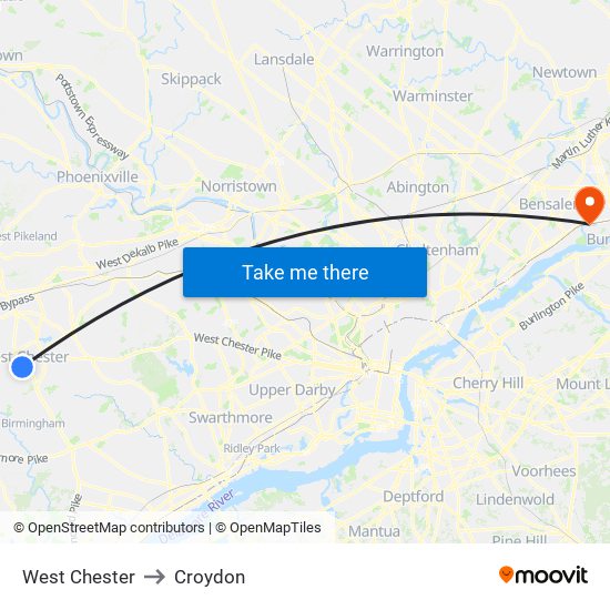 West Chester to Croydon map