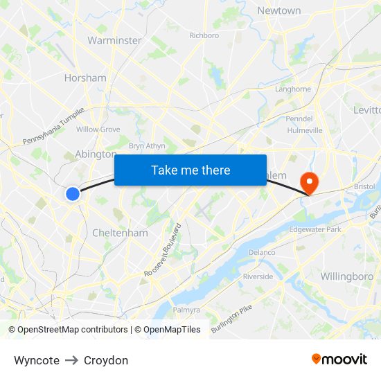 Wyncote to Croydon map