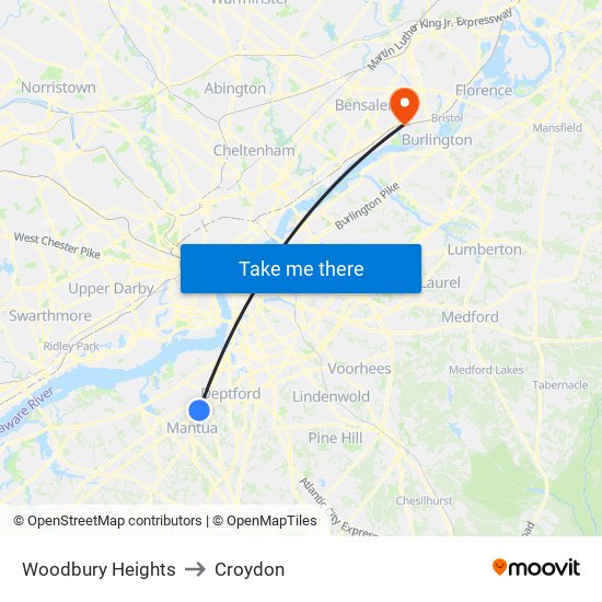 Woodbury Heights to Croydon map