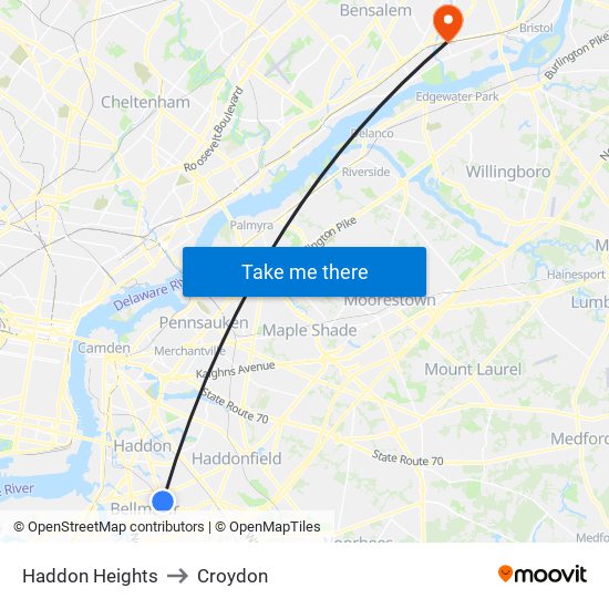 Haddon Heights to Croydon map