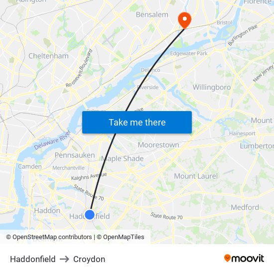 Haddonfield to Croydon map
