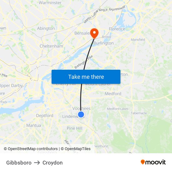 Gibbsboro to Croydon map