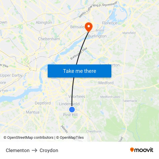 Clementon to Croydon map