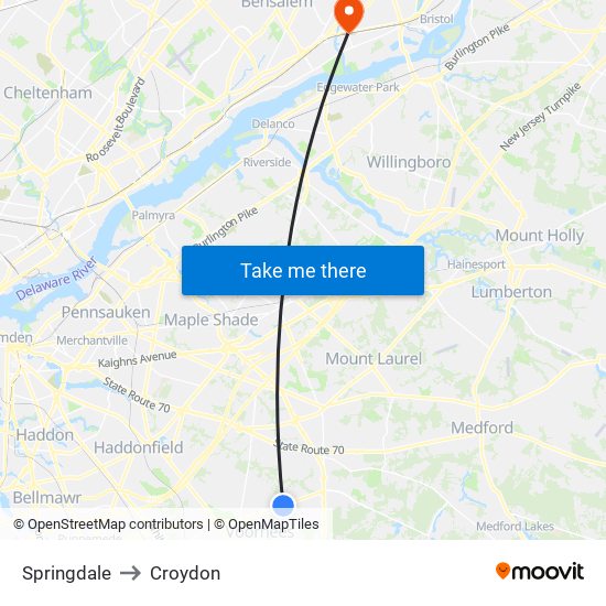 Springdale to Croydon map
