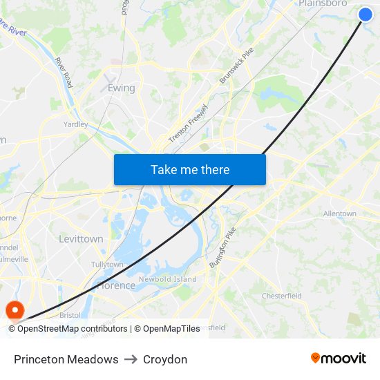 Princeton Meadows to Croydon map