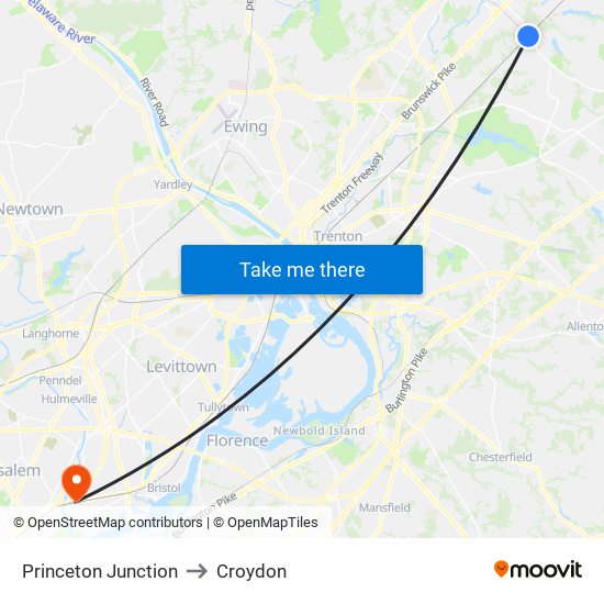 Princeton Junction to Croydon map