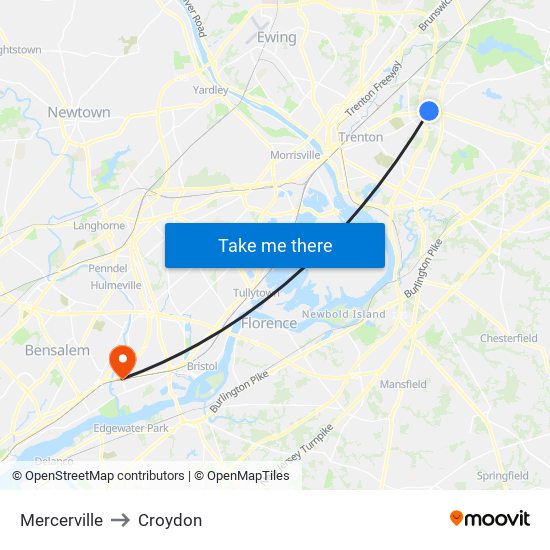 Mercerville to Croydon map