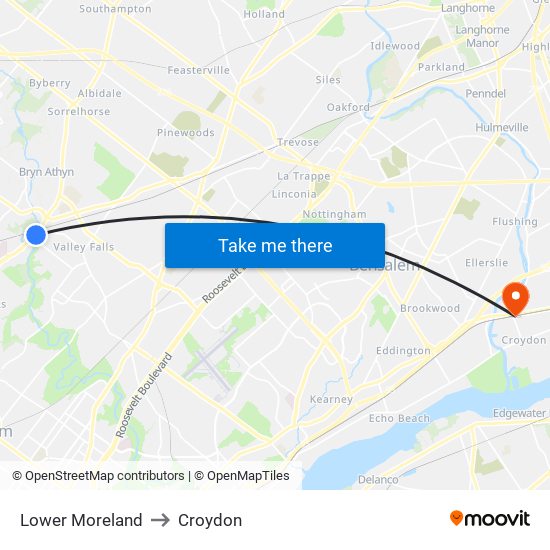 Lower Moreland to Croydon map