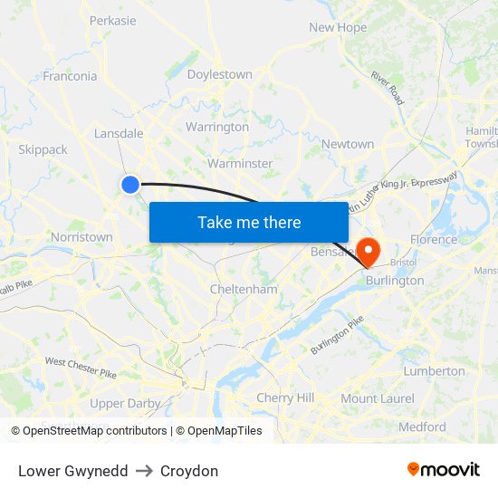 Lower Gwynedd to Croydon map