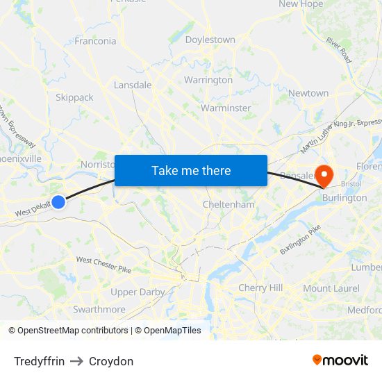 Tredyffrin to Croydon map
