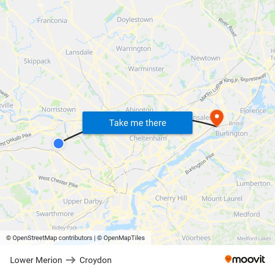 Lower Merion to Croydon map