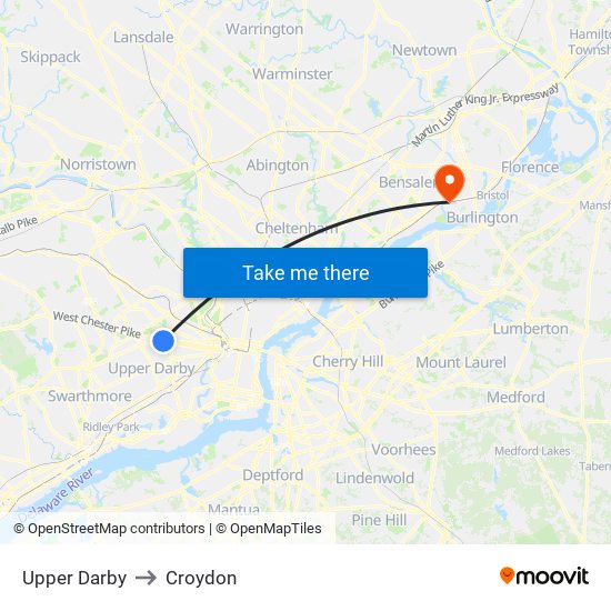 Upper Darby to Croydon map