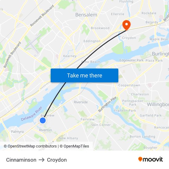 Cinnaminson to Croydon map