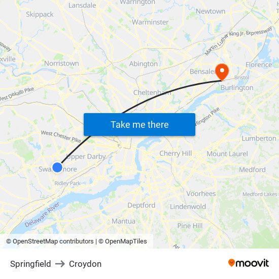 Springfield to Croydon map