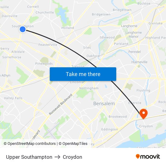 Upper Southampton to Croydon map