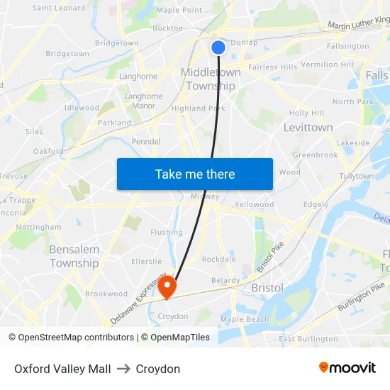 Oxford Valley Mall to Croydon map