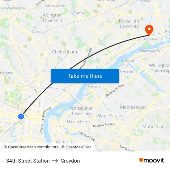 34th Street Station to Croydon map