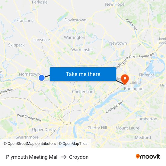 Plymouth Meeting Mall to Croydon map
